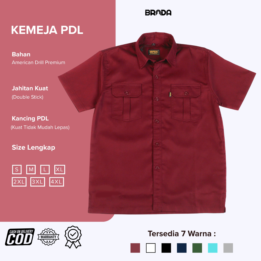 BRADA - Kemeja PDL PDH Drill / Baju Atasan Seragam Kerja Lapangan Pendek Merah Maroon