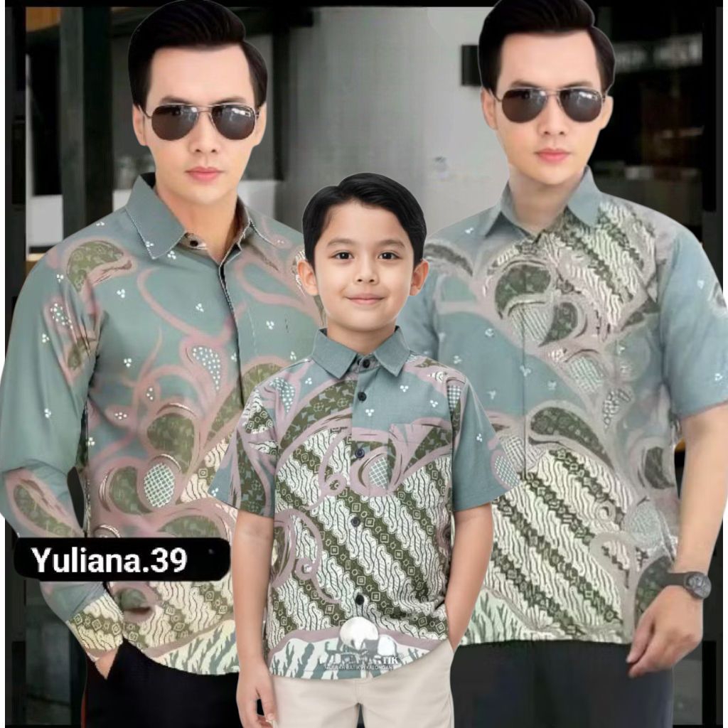 Kemeja Batik couple ayah dan anak lengan panjang warna hijau sage// batik copel keluarga terbaru 202