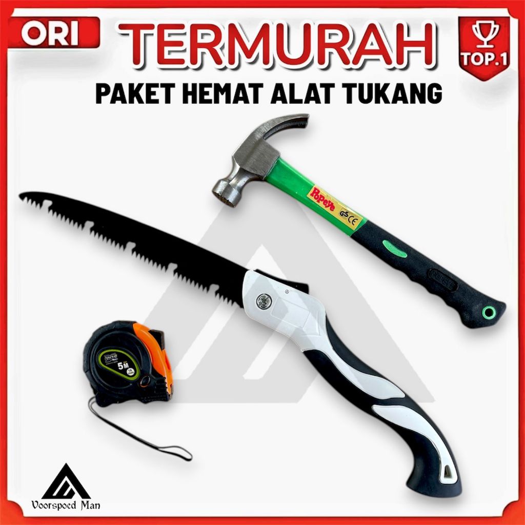 Paket 3 Item Gergaji Tukang Kayu: Gergaji kayu Lipat, Meteran 5 meter dan Palu besi 8oz