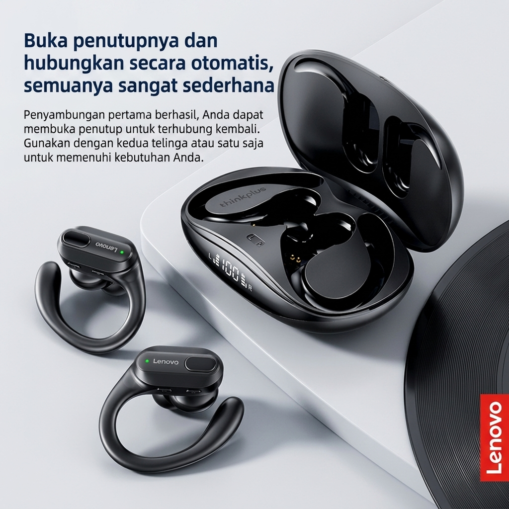 Headset Bluetooth Lenovo ThinkPlus XT80 Tampilan LED Baterai, Cek Daya Setiap Saat, Garansi 1 Tahun
