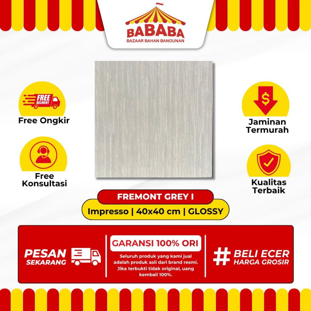 Keramik Lantai Ukuran 40x40 Impresso Fremont Grey Glossy Kilap Motif Garis garis Keramik Lantai Ruma