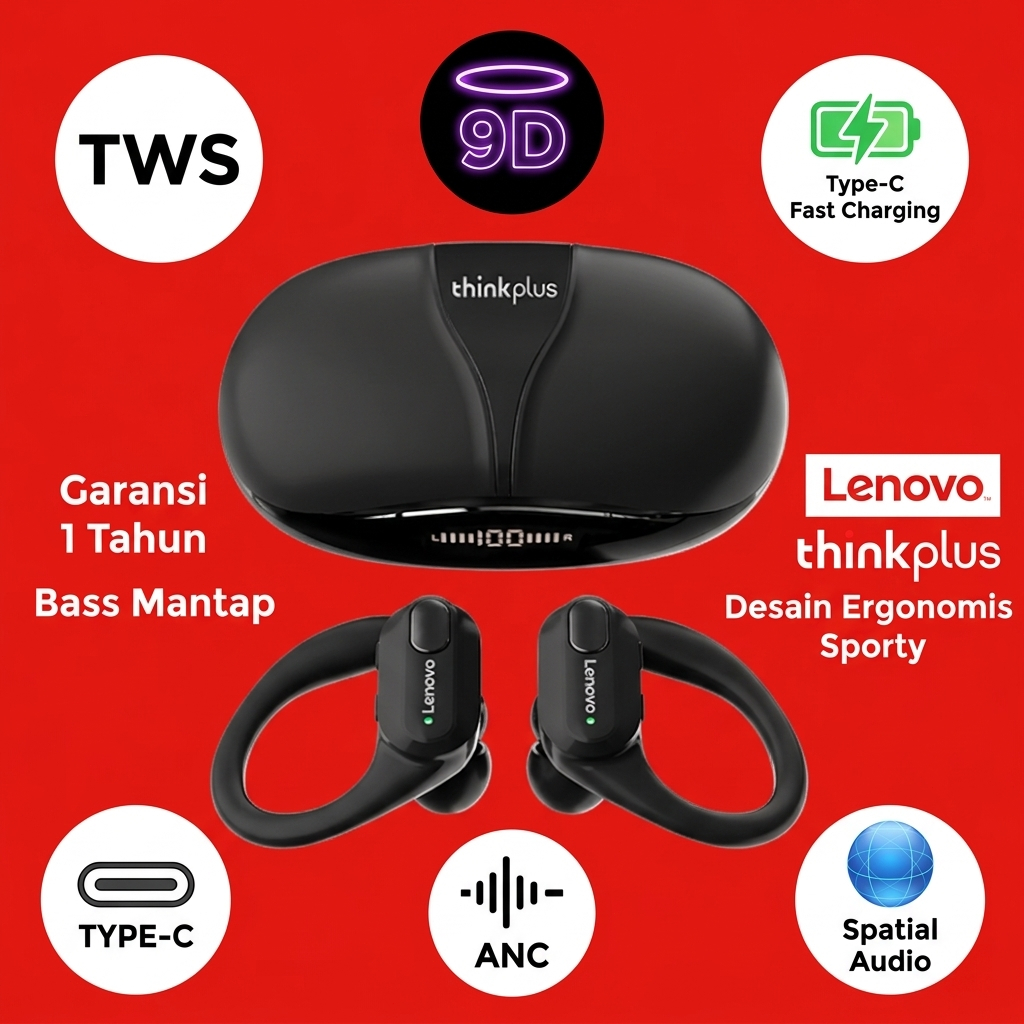 Lenovo ThinkPlus XT80 Earphone Bluetooth 5.4, Cocok untuk Digunakan Sehari-hari, Garansi 1 Tahun