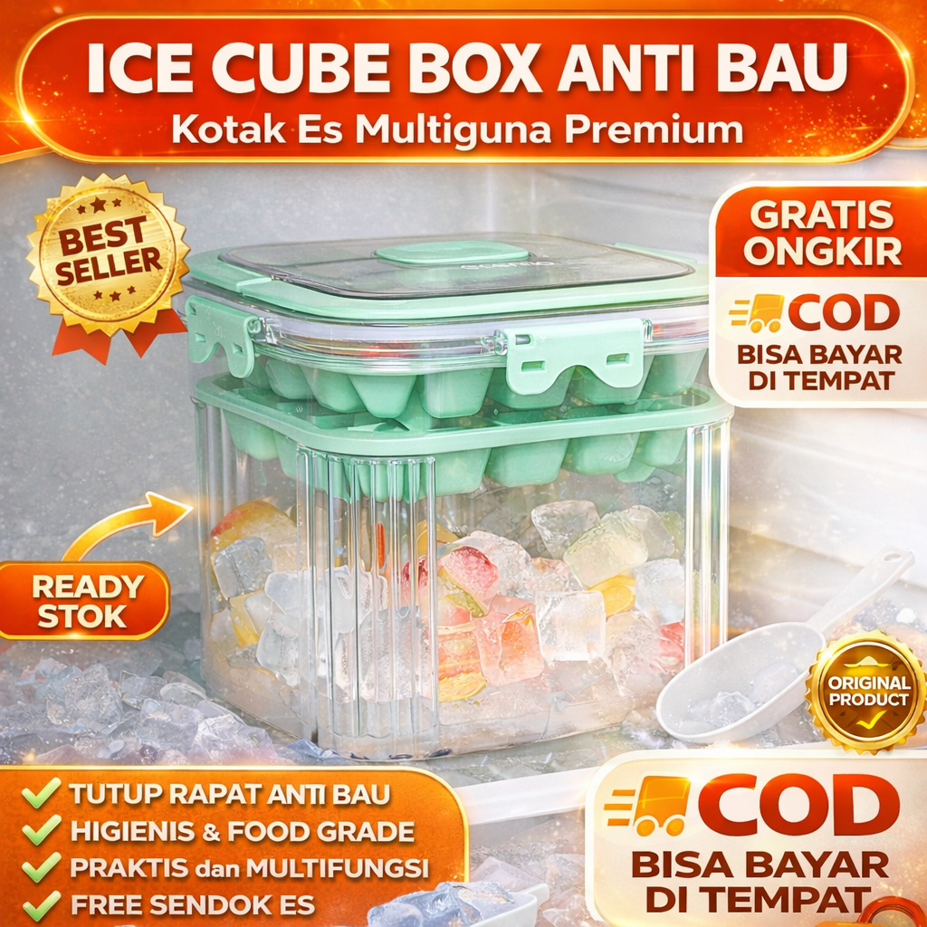 Ice Cube Box 2in1 Ecentio Cetakan Es Batu Wadah Es Freezer Anti Bau Anti Debu Kotak Es Batu Premium