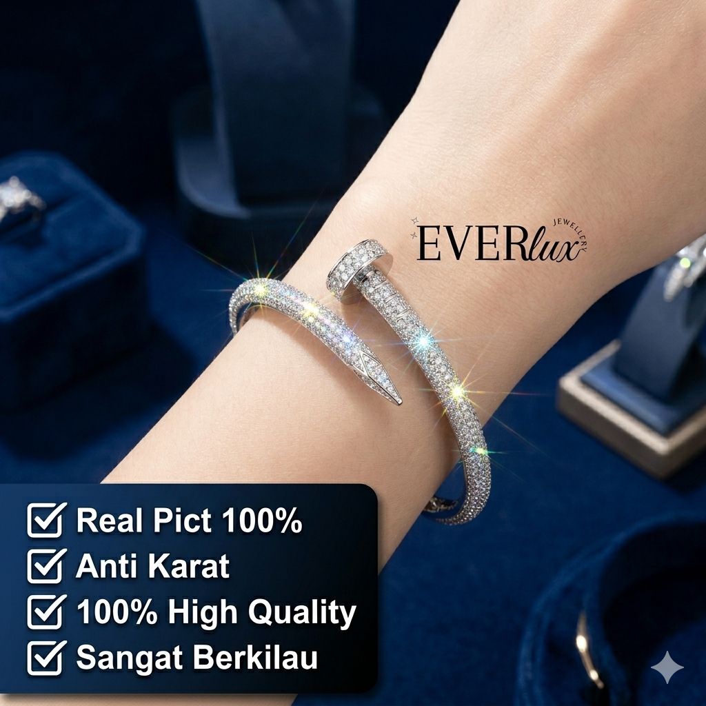 Everlux - Gelang PAKU DIAMOND Ternama Silver Full Diamond Titanium Korea Xuping Perhiasan ASLI Anti 