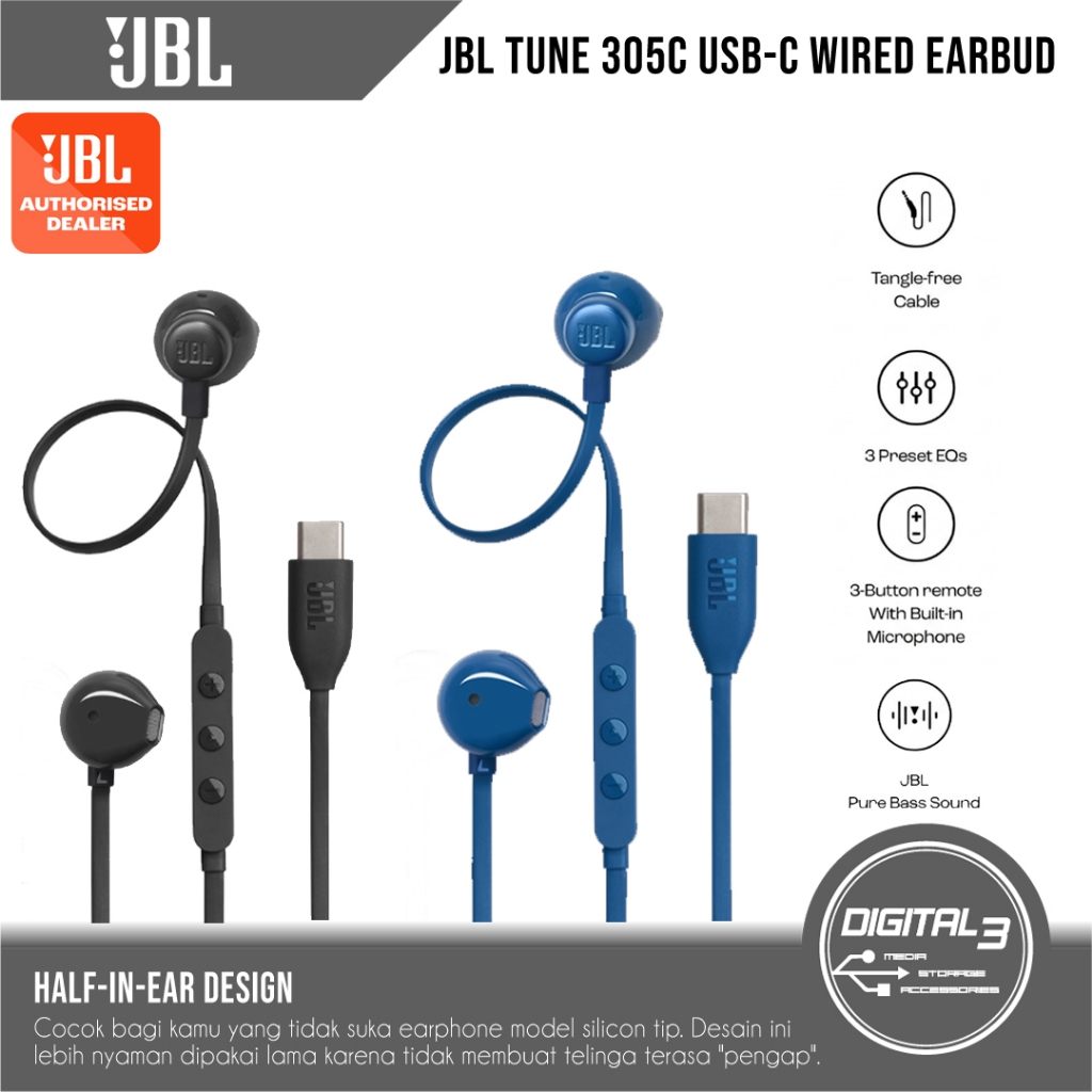 JBL Tune 305C USB-C Wired Hi-Res Earphones  Earbud Type-C with Pure Bass Sound, 3 EQ Presets & Mic