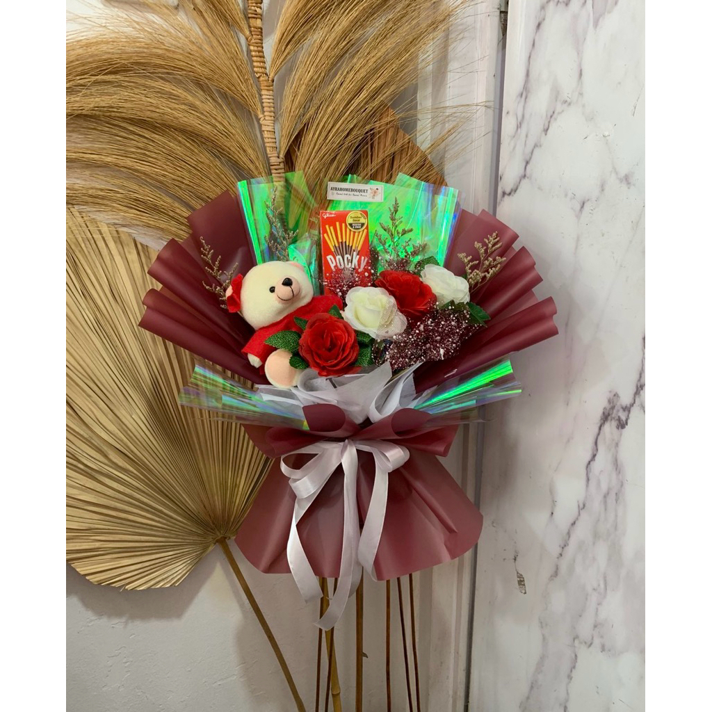[BOUQUET BONEKA FREE 1 POCKY] READY Bouquet Buket Boneka Warna Buket Bunga Bucket 4 Mawar Artificial