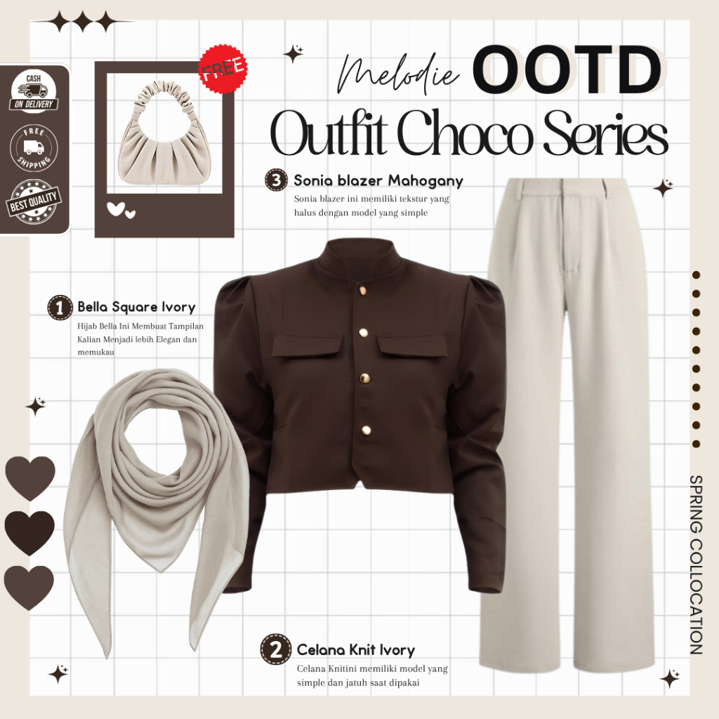 Kivora Outfit Elegan Wanita ( Bella Square + Sonia Blazer + Celana ) One Set 3in1 Chocolate - MO252