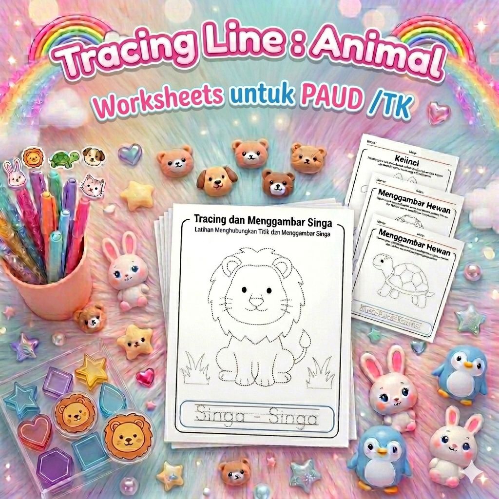 12 Lembar Tracing Line Tema Hewan