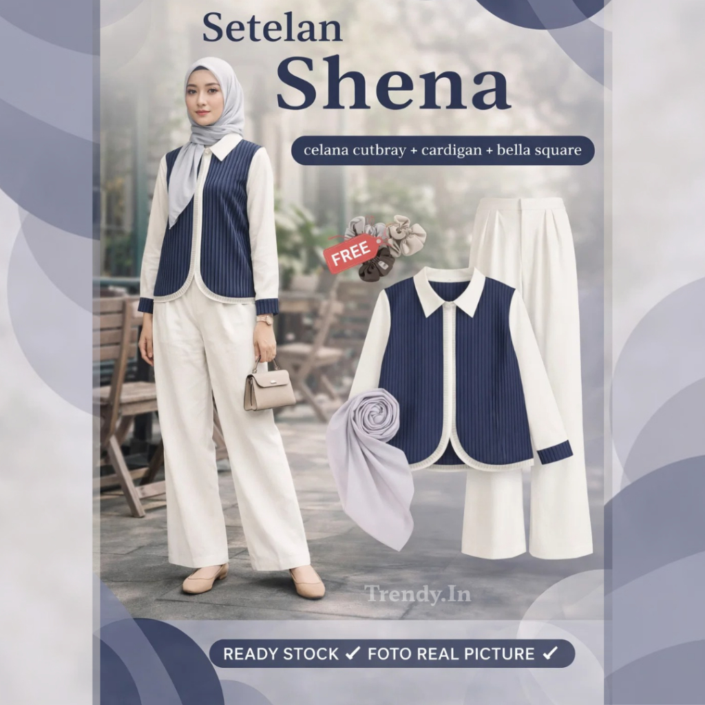 Setelan Shena Blouse Top Kemeja Wanita Salur kombinasi renda Lengan Panjang Dewasa, Celana Jennie Kn