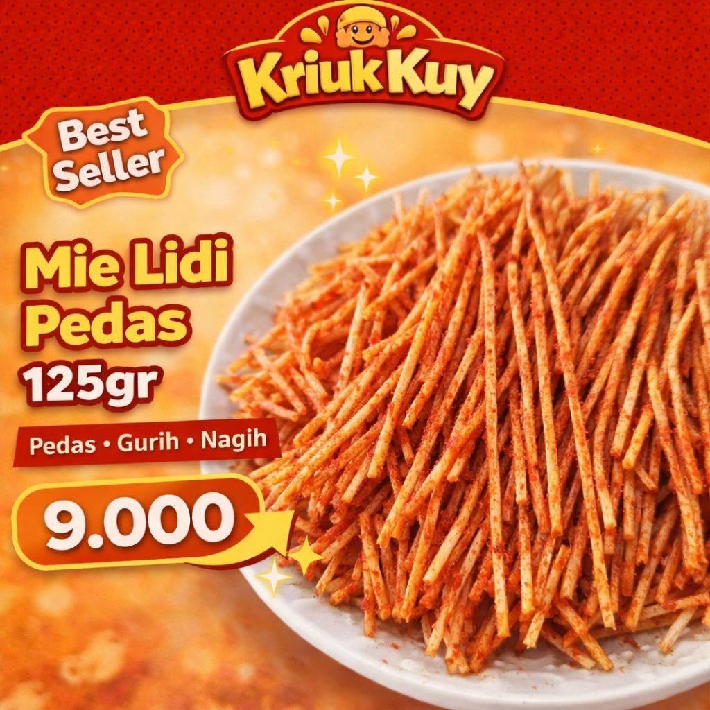 Mie Lidi Pedas 125gr | Kriuk Kuy Cemilan Kriuk Pedas Gurih Nagih Harga Murah
