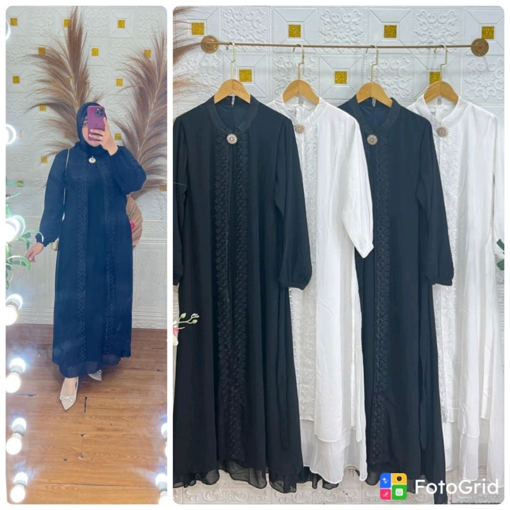 Gamis ceruty babydoll premium hitam putih gamis ceruty bordir