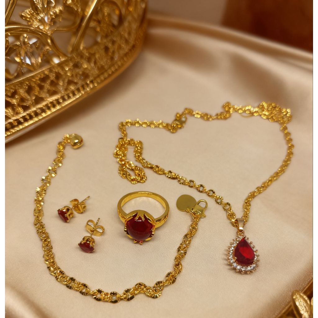 promo perhiasan set merah delima kalung gelang cincin anting