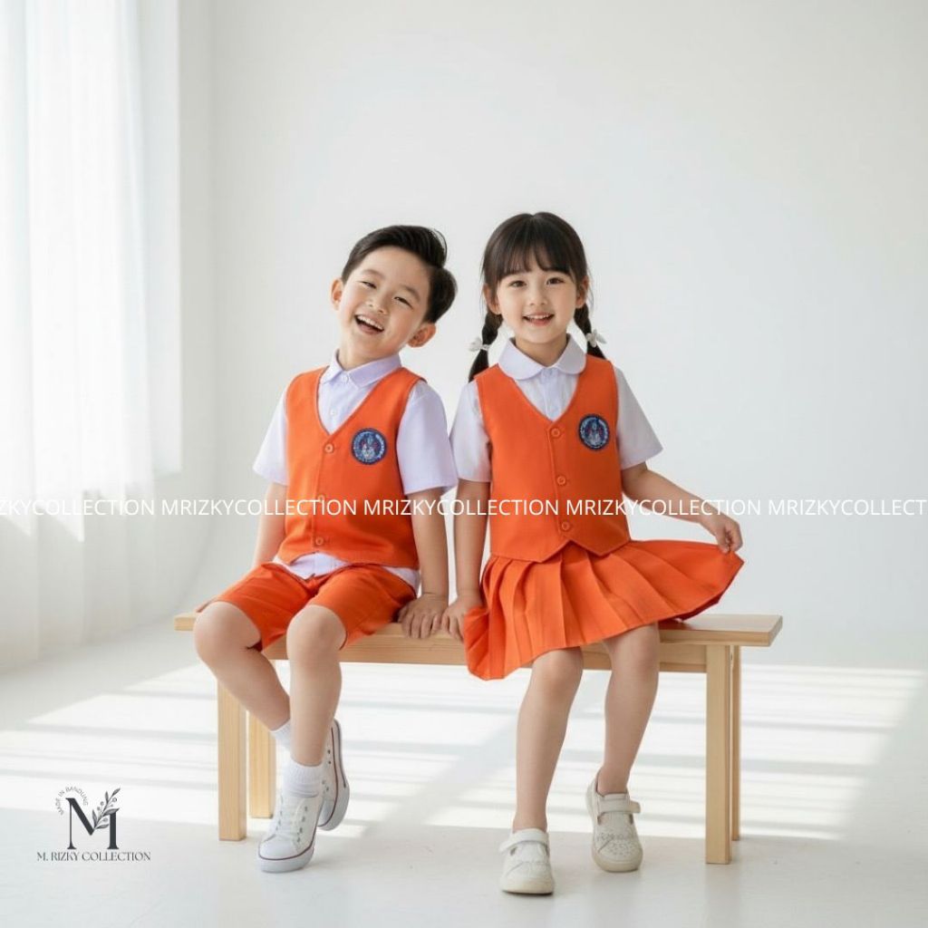 SERAGAM TK PAUD NASIONAL PUTIH - ORANGE PANJANG/ PENDEK LAKI-LAKI DAN PEREMPUAN