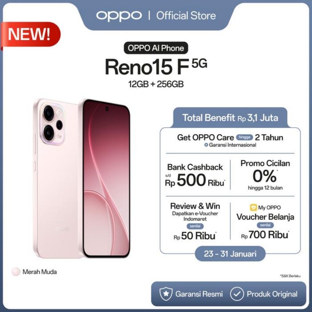 Oppo Reno15 F 5g Ram 8/128 Gb - 8/256 Gb - 12/256 Gb Garansi Resmi Oppo