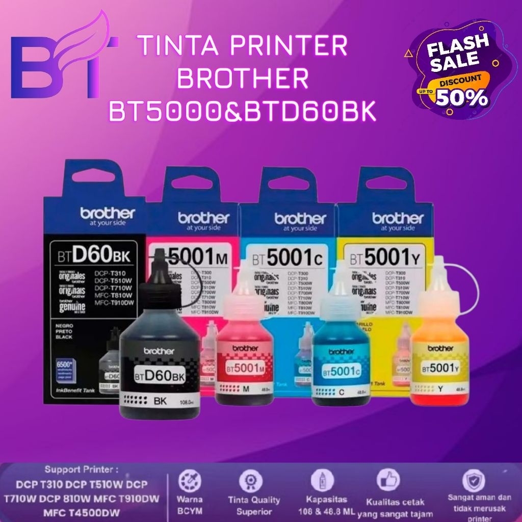 1SET TINTA BROTHER D60BK BT5000 PRINTER BROTHER TIPE DCP - T310  DCP -T510W  DCP-T710W