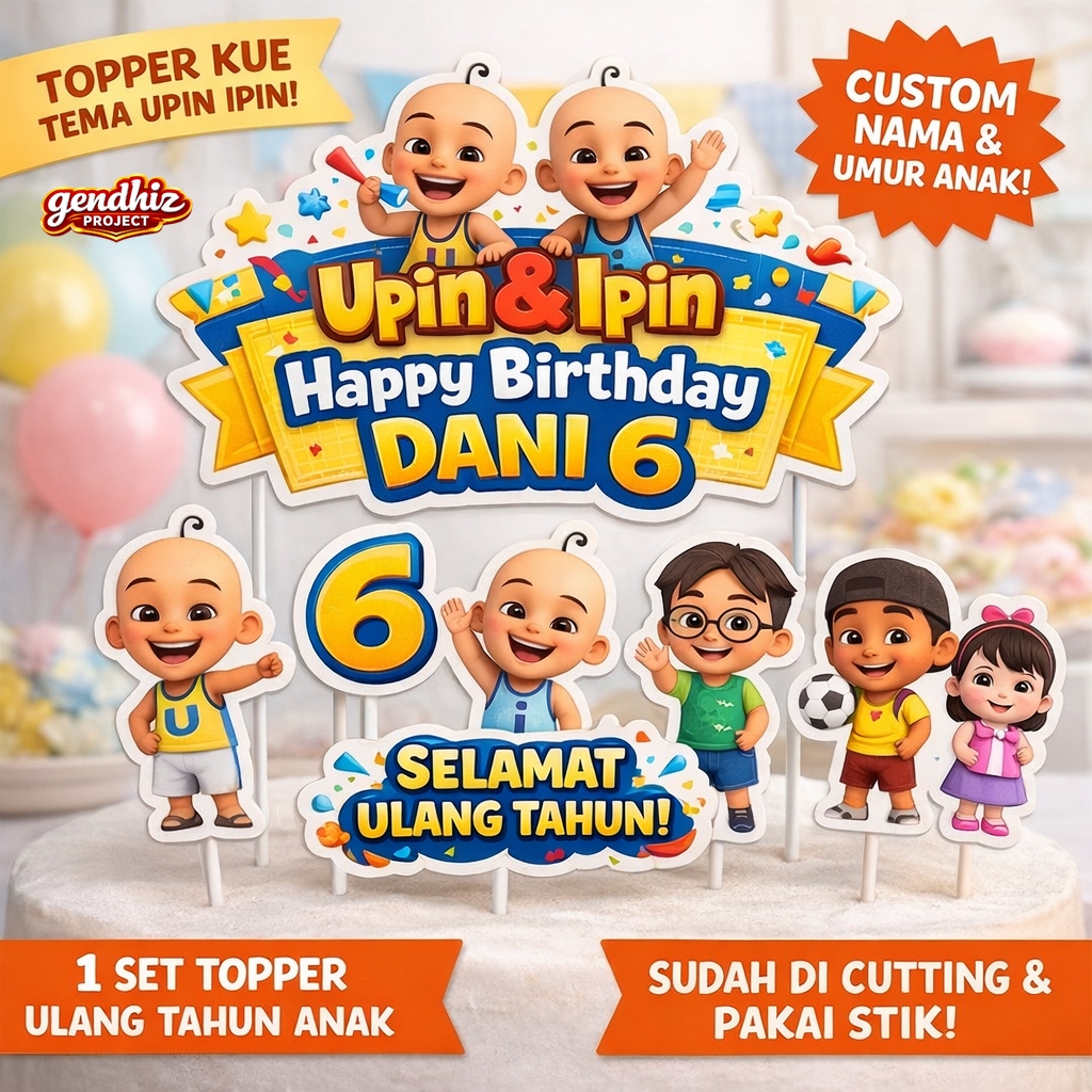 Topper Cake Upin Ipin Custom Nama & Umur Anak | Hiasan Kue Ulang Tahun
