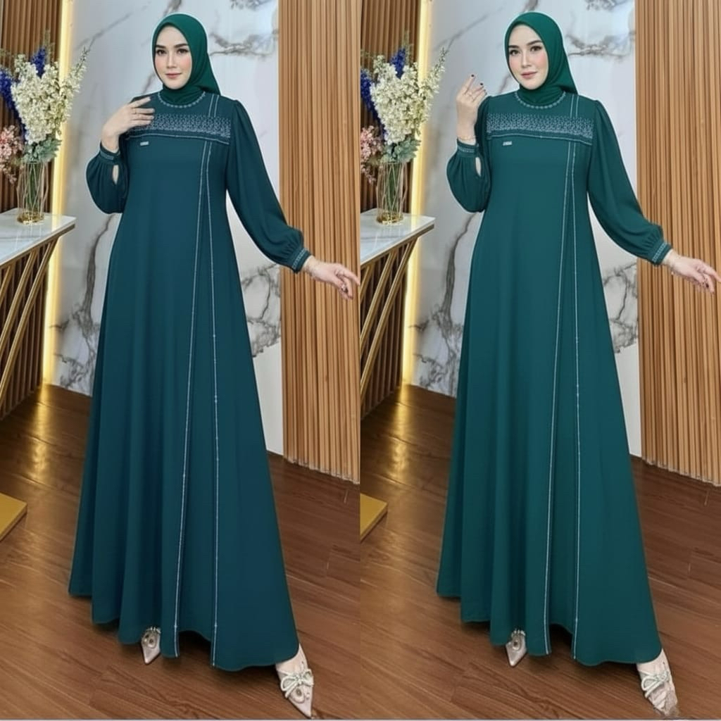 Karina Gamis Wanita Premium Abaya Muslimah Warna Emerald Green - Dress Pesta Kondangan Mewah Bordir 