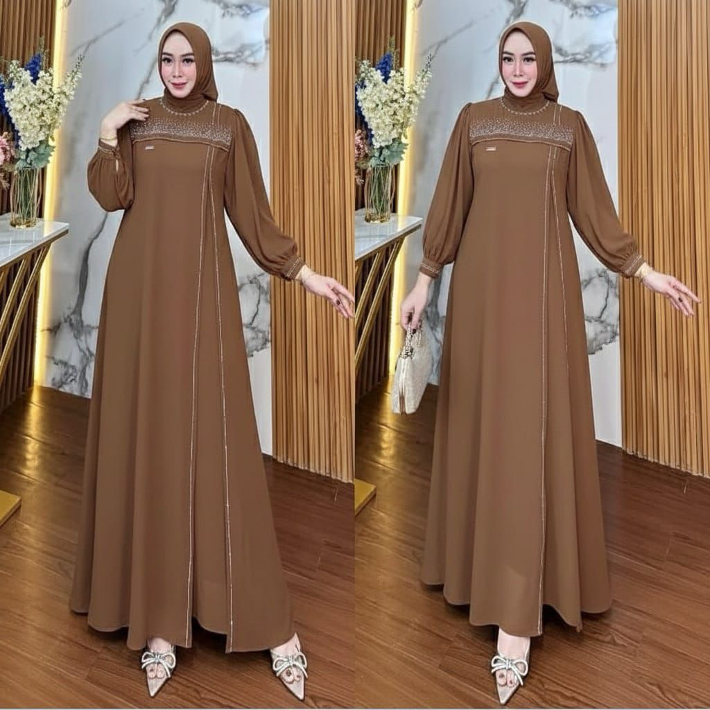 Karina Dress Gamis Mocca Mewah Bordir Gamis Earth Tone Dress Kondangan Warna Hazelnat Elegan Gamis P