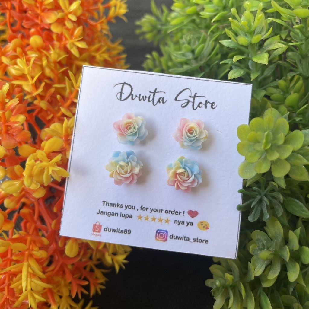 HANDMADE ANTING ANAK DEWASA TUSUK PLASTIK MOTIF BUNGA MAWAR CAMELIA(BUNDLE)