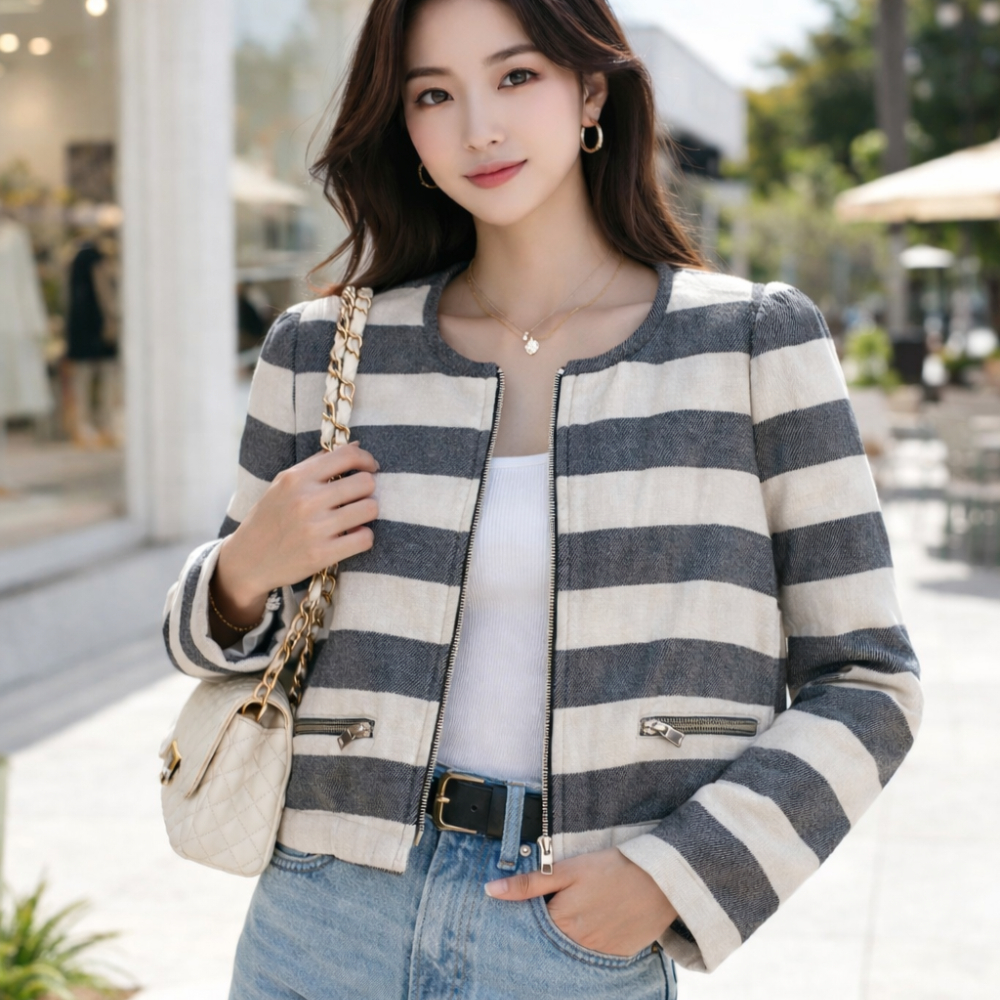 Zara Tweed Crop Blazer Jacket Striped