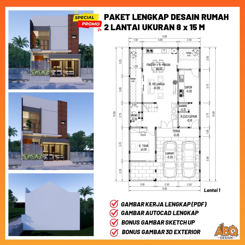 Desain Rumah 2 Lantai Ukuran 8 x 15 Meter Format DWG SKP PDF JPG