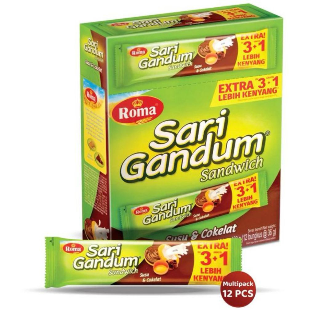 12 Pcs Biskuit Sandwich Roma Sari Gandum Rasa Susu Cokelat, Peanut Butter, Kacang