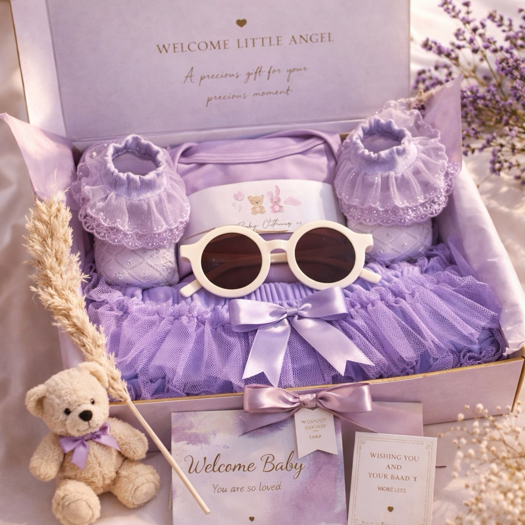 Kado Lahiran Bayi Perempuan Premium Hampers Baby Girl Exotic Lilac Series Set Jumper Tutu Newborn