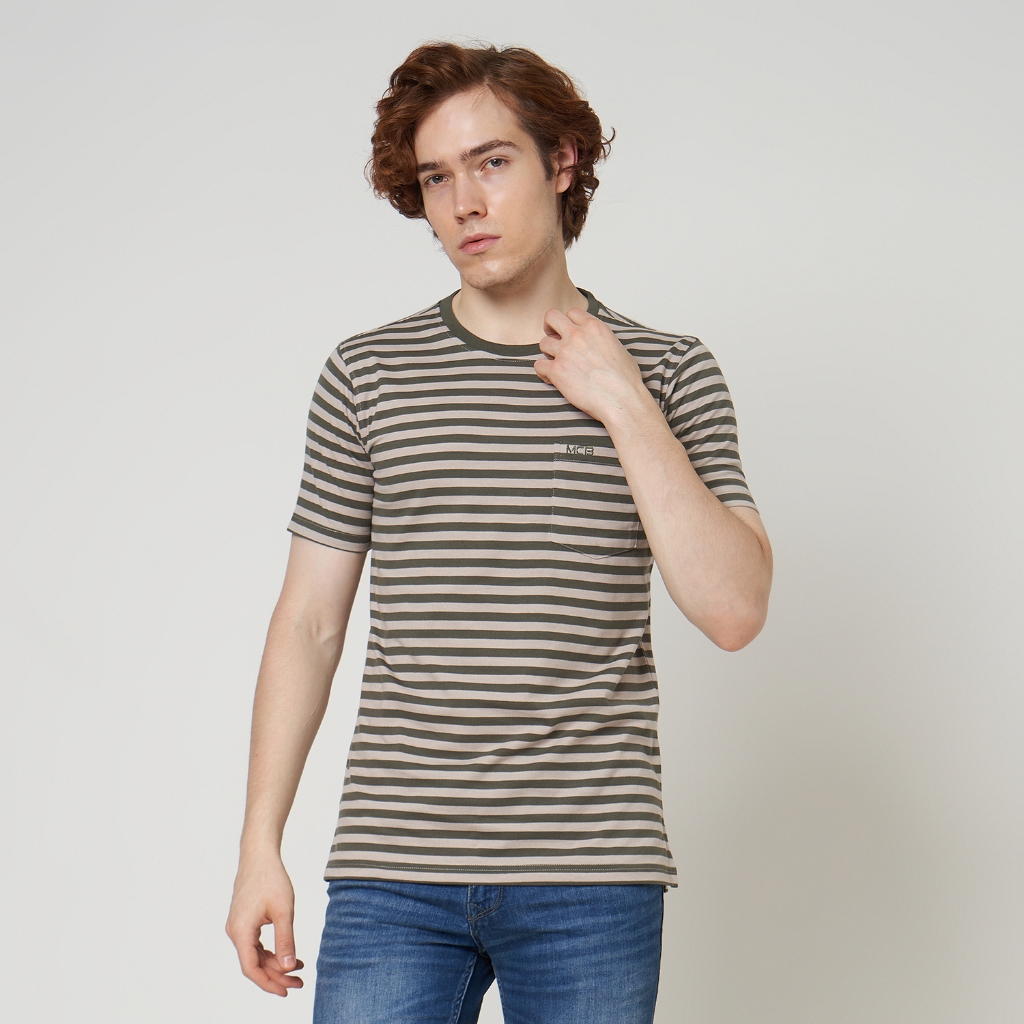 MCB Kaos Pria Reguler Size M-XXL Pocket T Shirt Salur Hijau Botol / Cream Bata | 0125125.26125