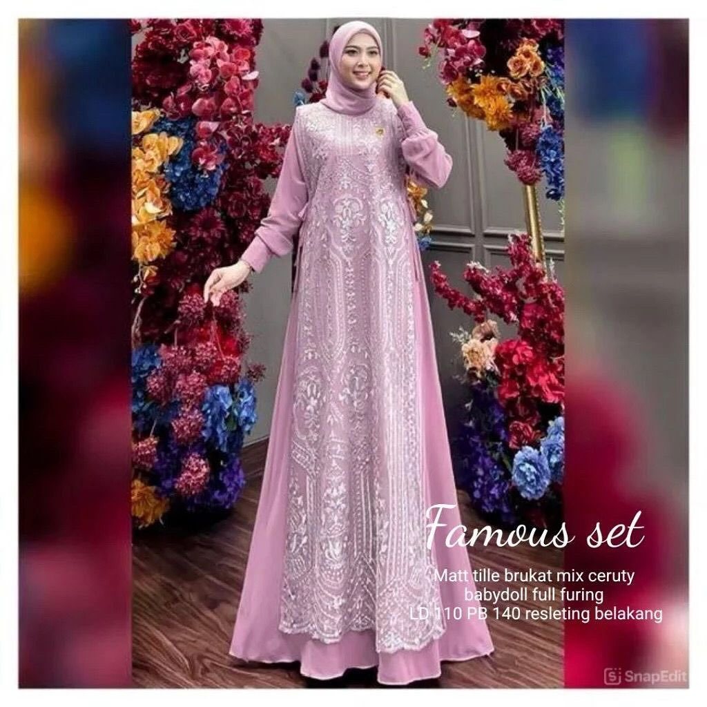 Gamis Pesta Elegan dan Mewah Famous Set Dress Wd Bahan Brukat Premium Mix Ceruty Size M L Xl XXl XXX