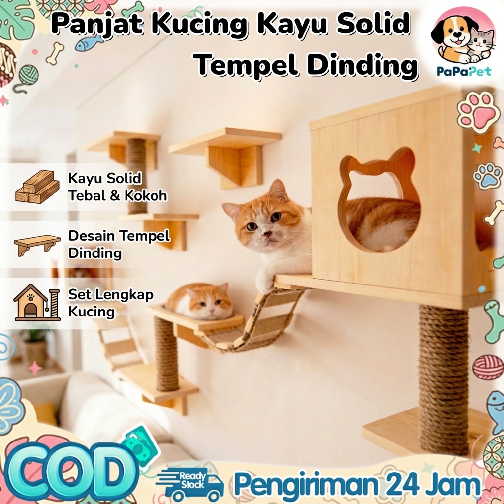 PAPAPET Panjat Kucing Kayu Solid Tempel Dinding | Rumah Kucing Dinding Tiang Penggaruk Kucing Platfo