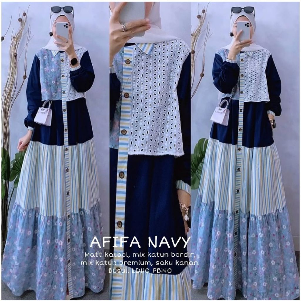 AFIFA NAVY |Katun premium | Dress motif bunga| Gamis