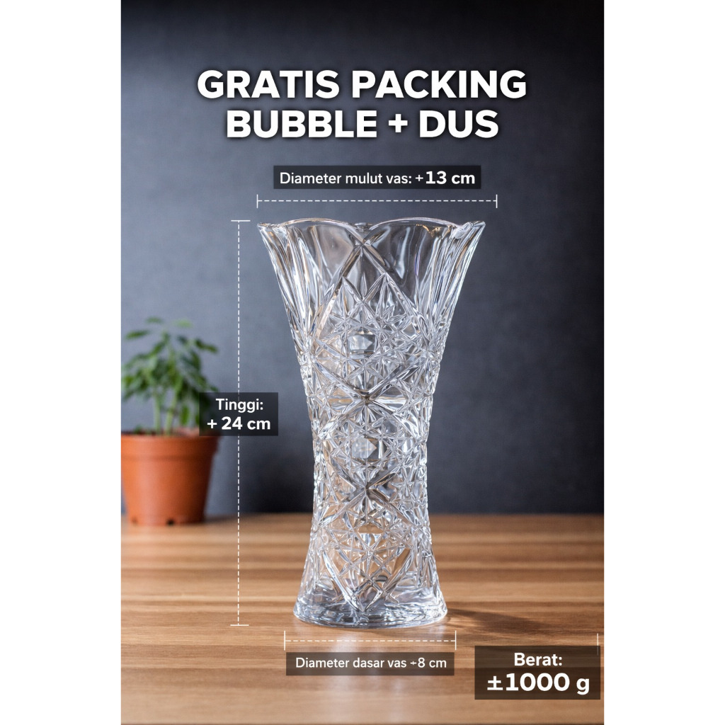 Vas Bunga Kaca Aestetic Kristal Premium / Vas Bunga Aesthetic Mewah / Dekorasi Meja Tamu & Meja Maka