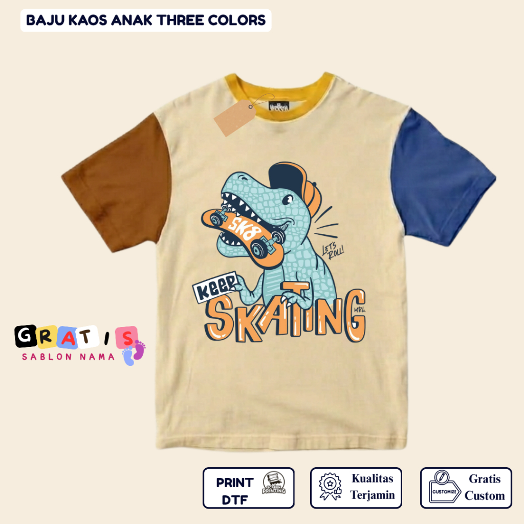 shabira tas  - Kaos Anak Dino KEEP SKATING  - Kaos Anak Pendek Three Colors Dino - Kaos Anak Sablon 
