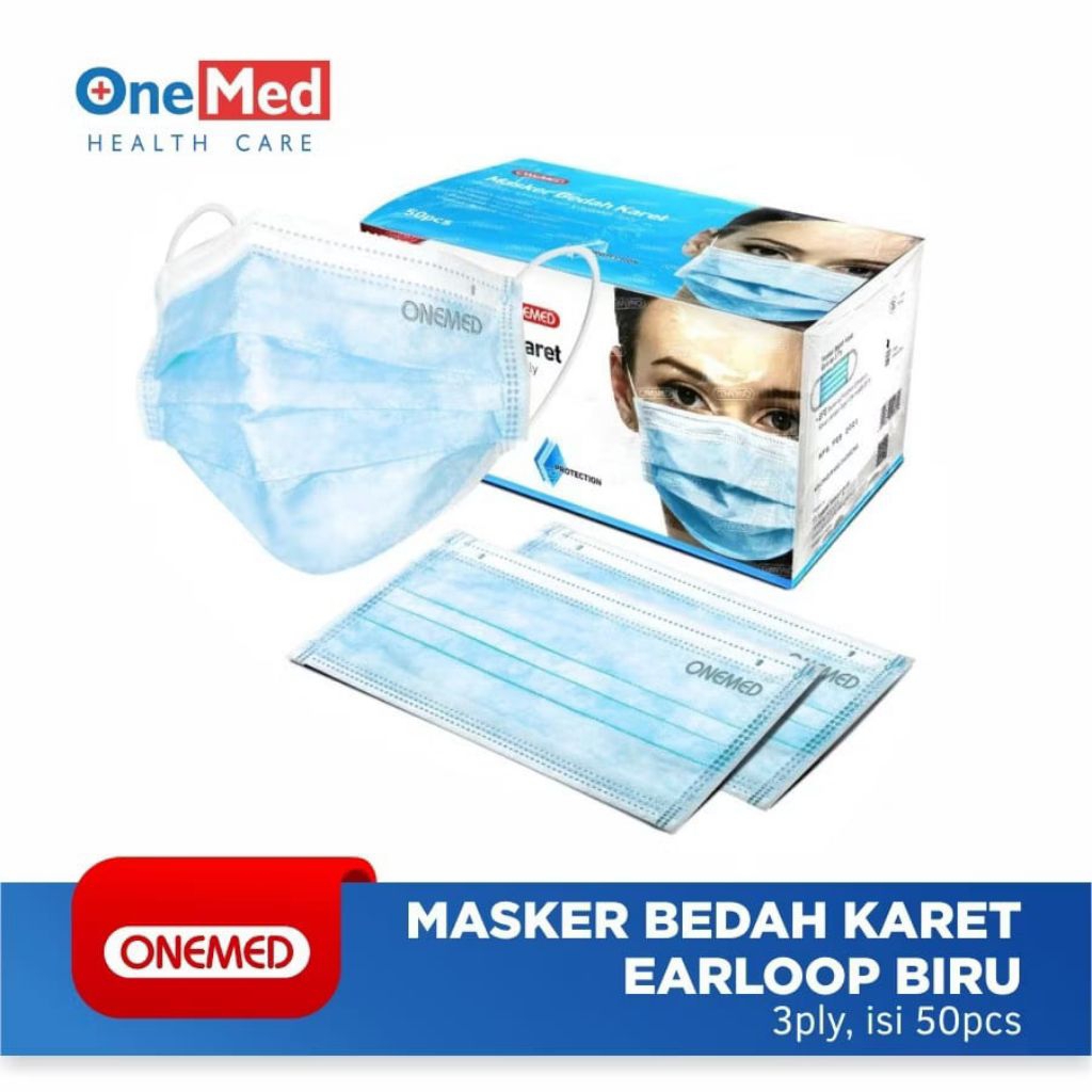 Masker Medis OneMed 3 Ply Earloop Putih 50 pcs - Lembut, Tahan Air, Nyaman Dipakai
