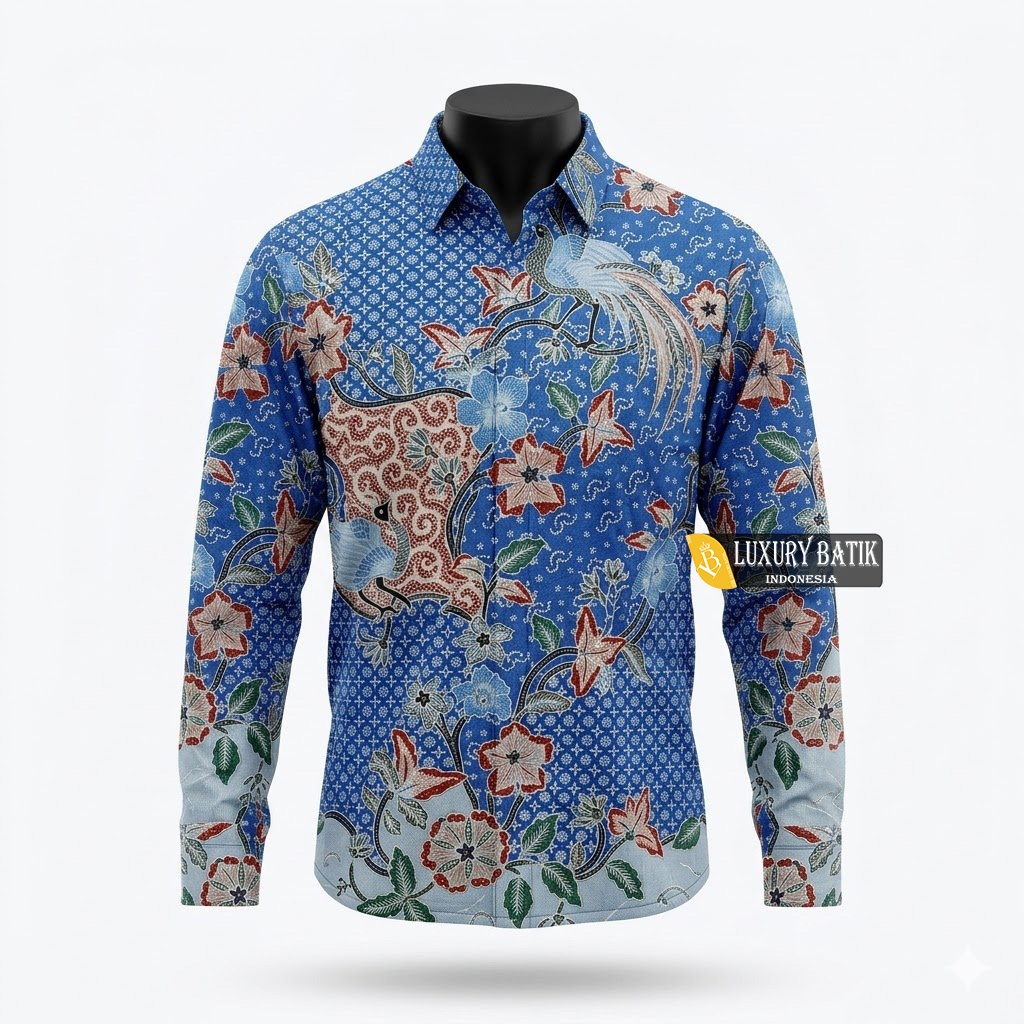 Kemeja Batik Pria Semi Tulis Premium Solo Katun Primisma Lapis Furing Warna Biru Elektrik Lengan Pan