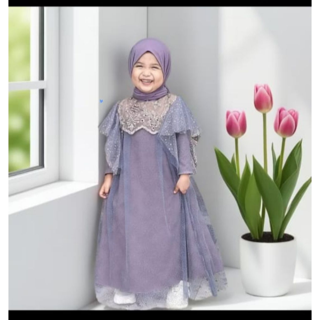 Brokat leher sayap gamis anak perempuan mewah sed dress set hijab