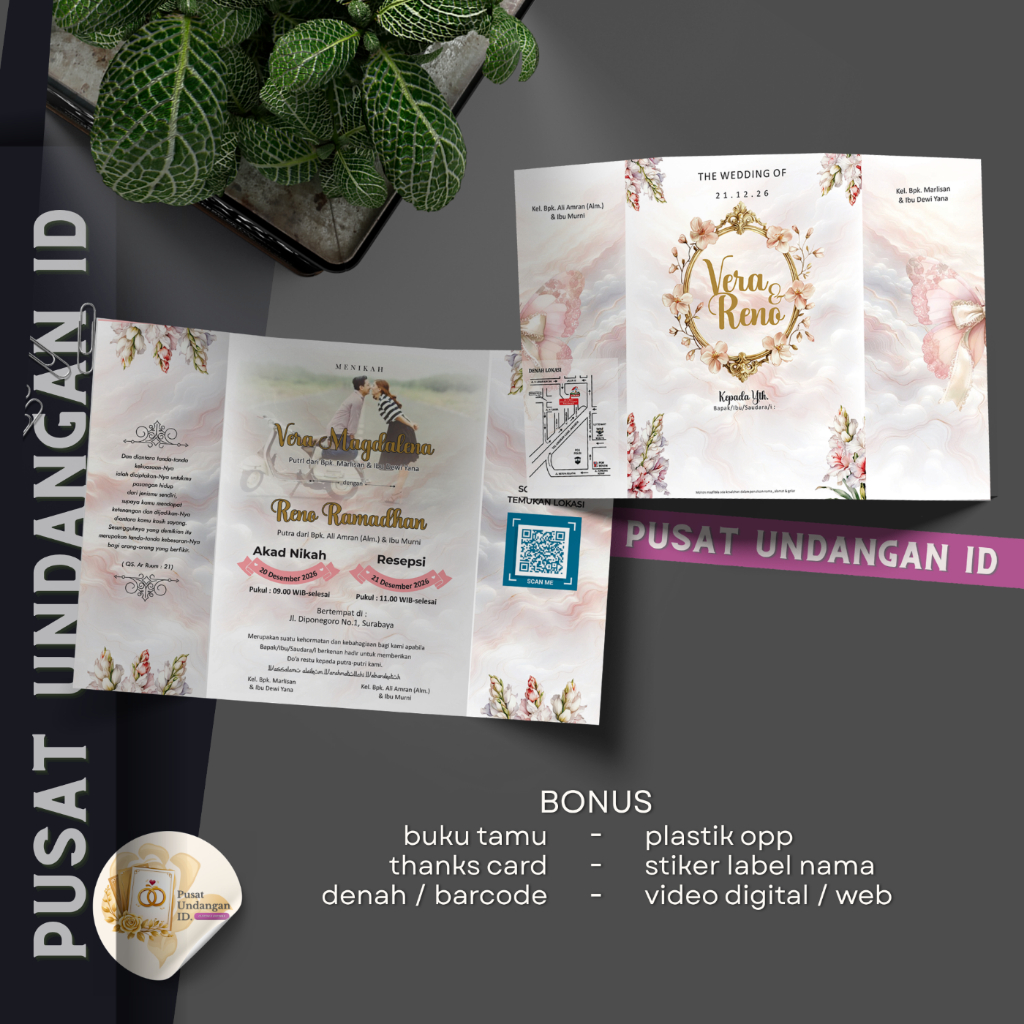 Undangan Pernikahan Lipat Tiga Eksklusif Motif Bunga Pastel, Bonus Buku Tamu, Stiker, QR Code