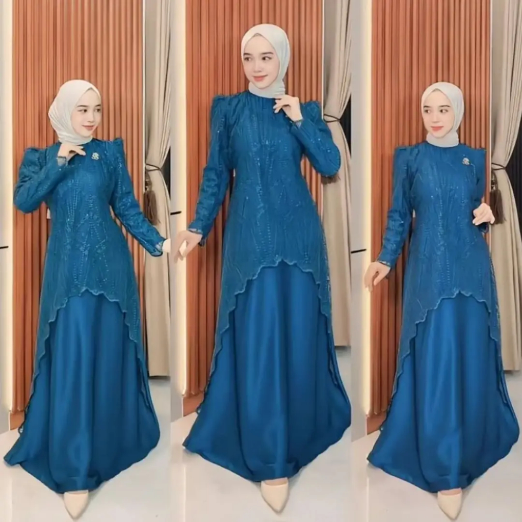 Bini Dress Gamis Elegan Coklat Tua Formal Dress Brukat Kondangan Mewah Warna emerald Roberto Spangle