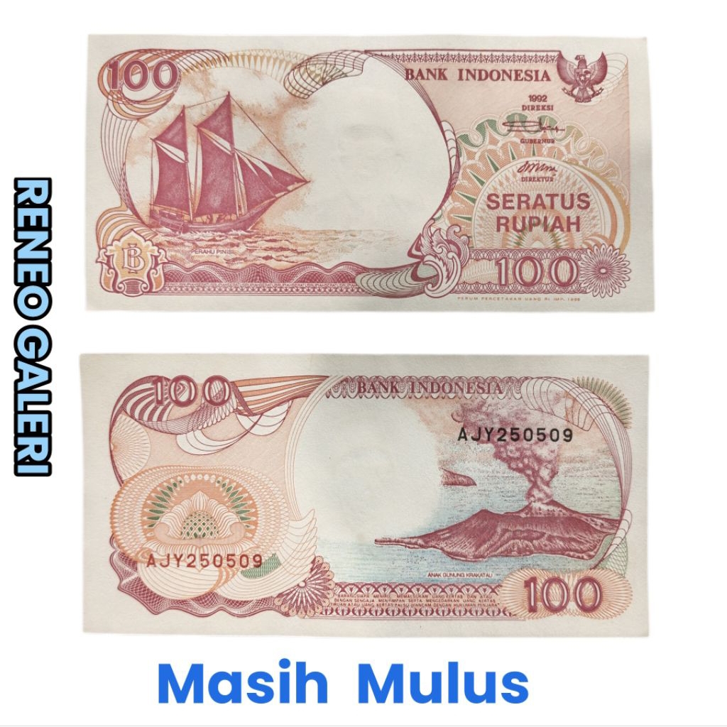 Mulus Asli Rp 100 Rupiah Tahun 1992 Perahu Layar Pinisi Uang Kertas kuno Indonesia anak gunung Kraka