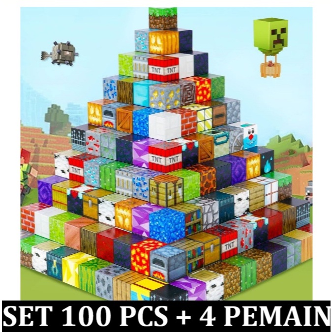 1 Set 100 Pcs + 4 Pemain Random Mainan Balok Minecraft Roblox 2 x 2cm import magnetic building block