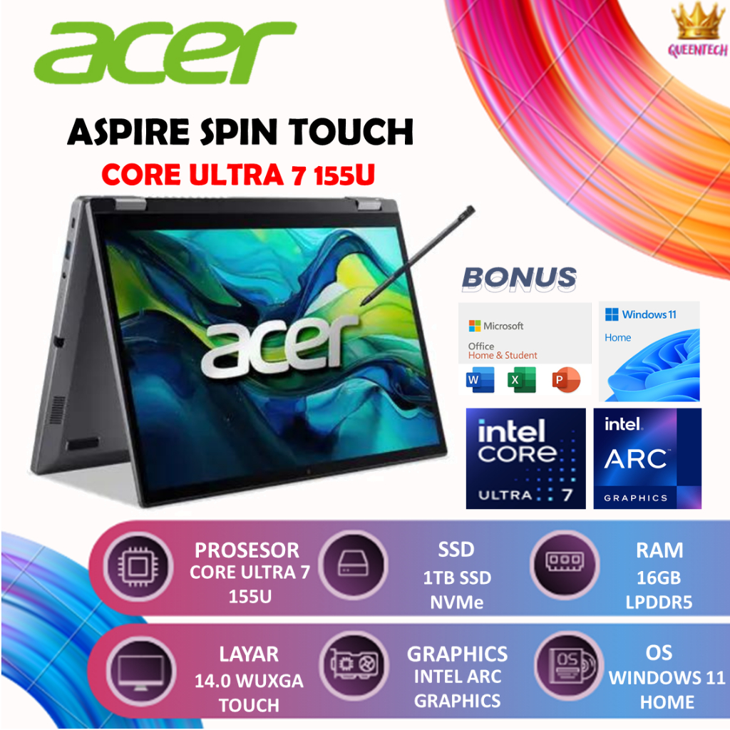 Acer Aspire Spin 14 Ultra 7 155U 16GB 1TB Laptop 2in1 Touchscreen WUXGA + Pen