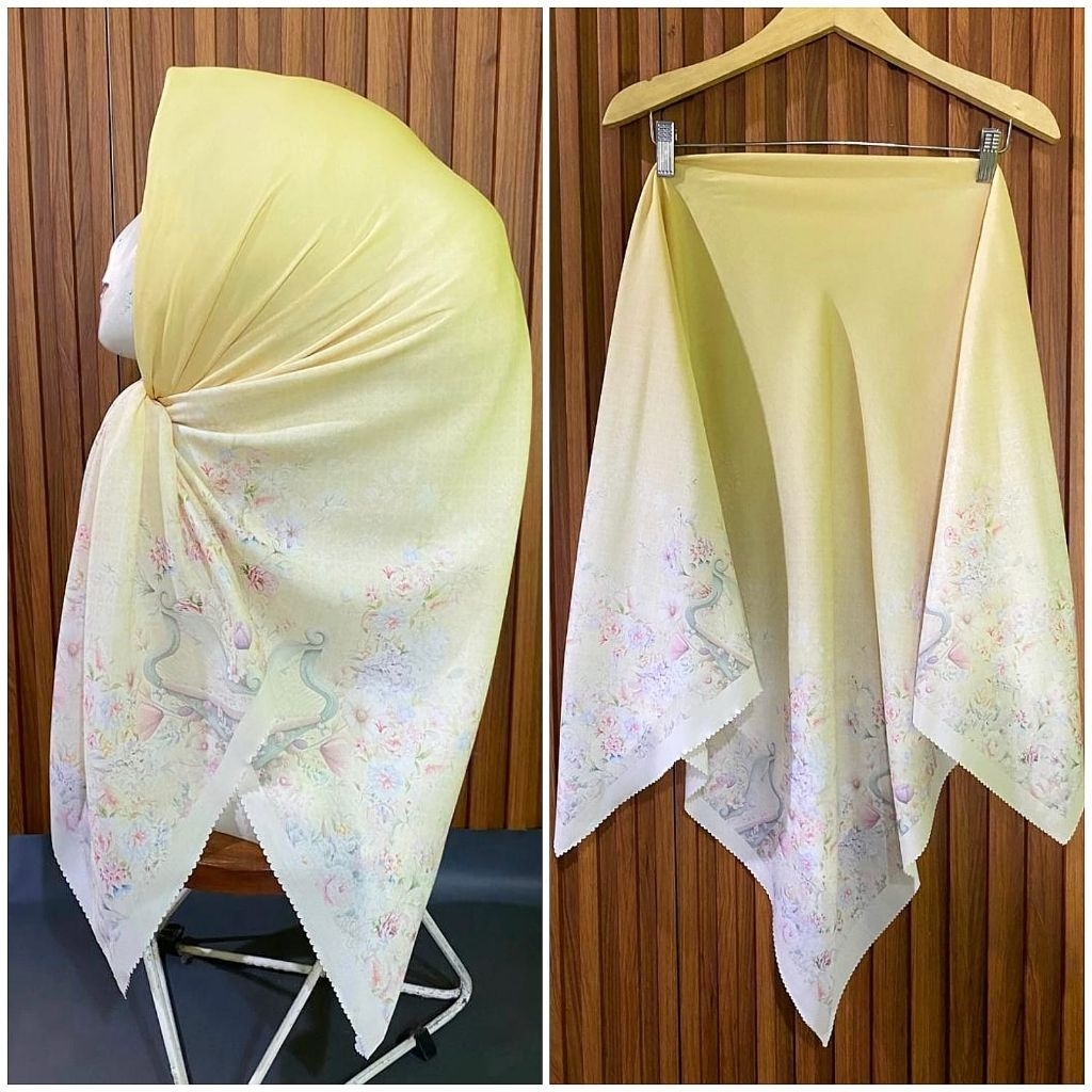 KERUDUNG SEGI EMPAT VOAL MOTIF BUNGA HARPA KUNING SOFT