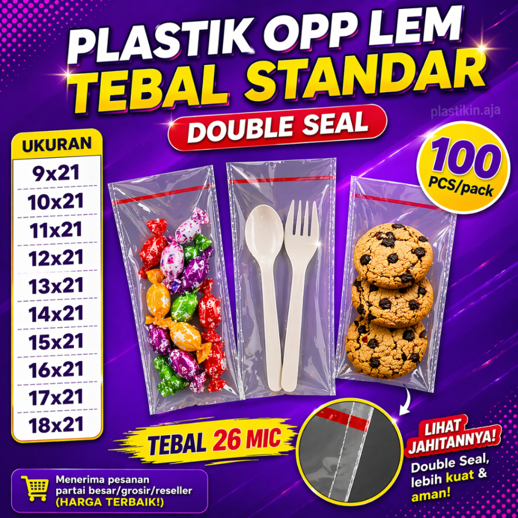 Plastik OPP LEM TEBAL STANDAR 9X21 10X21 11X21 12X21 13X21 14X21 15X21 16X21 17X21 18X21 ISI 100 PCS