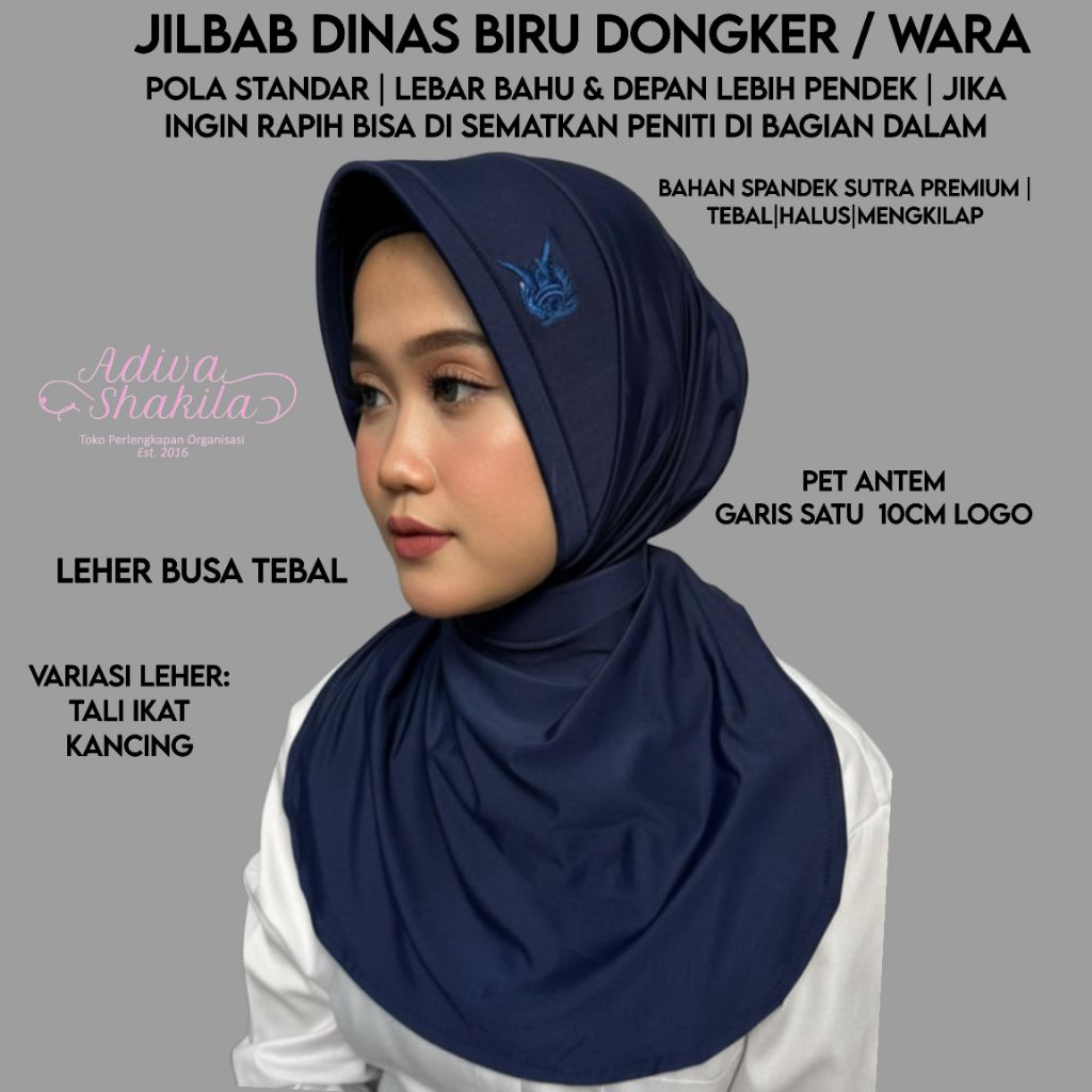 ADIVA -- JILBAB DINAS PDH / PDL HITAM / BIRU DONGKER LOGO WARA BORDIR PET POLOS 5CM / 10CM GARIS SAT