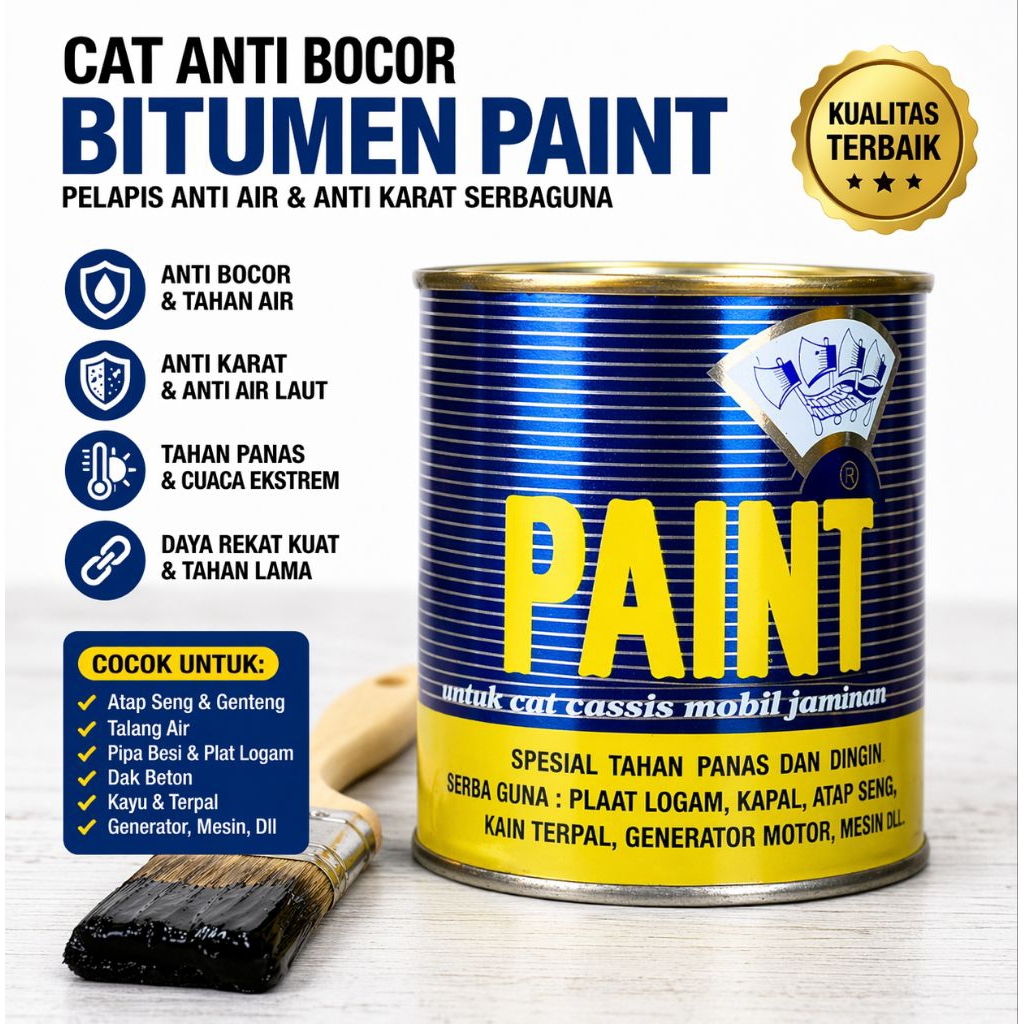 Cat Anti Bocor Bitumen Paint Kaleng – Cat Anti Karat & Tahan Air untuk Atap Seng, Talang, Pipa Besi 