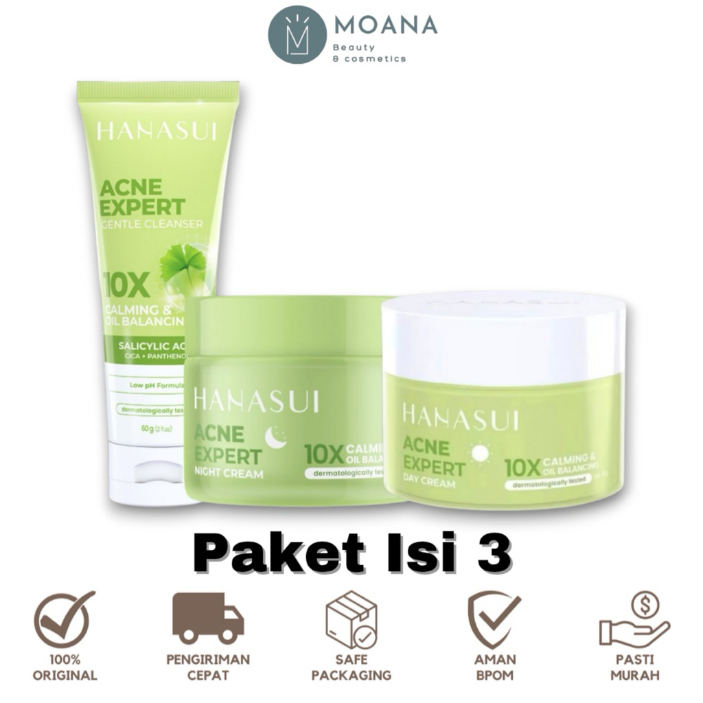 [ISI 3] Hanasui Paket Acne Expert | Face Wash + Day Cream + Night Cream | Mencerahkan Glowing Jerawa