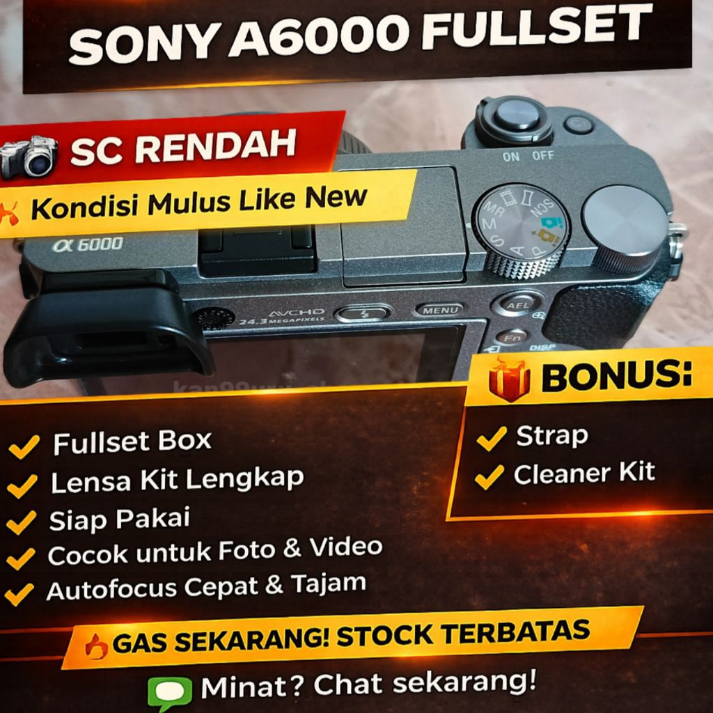 Kamera Sony A6000 + lensa kit Box Lengkap SC Rendah