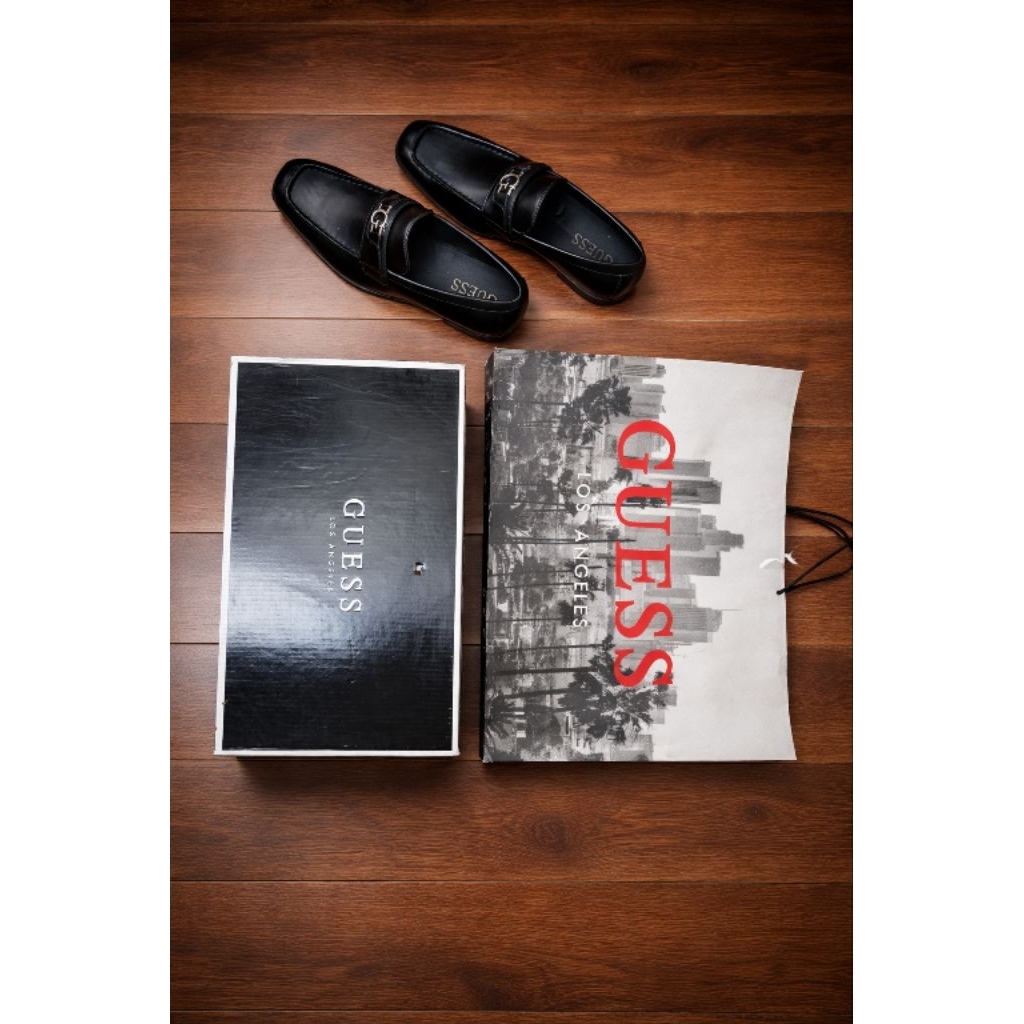 Guess Sepatu Loafer Original Pantofel Kulit Hitam Pria Formal Black Shoes