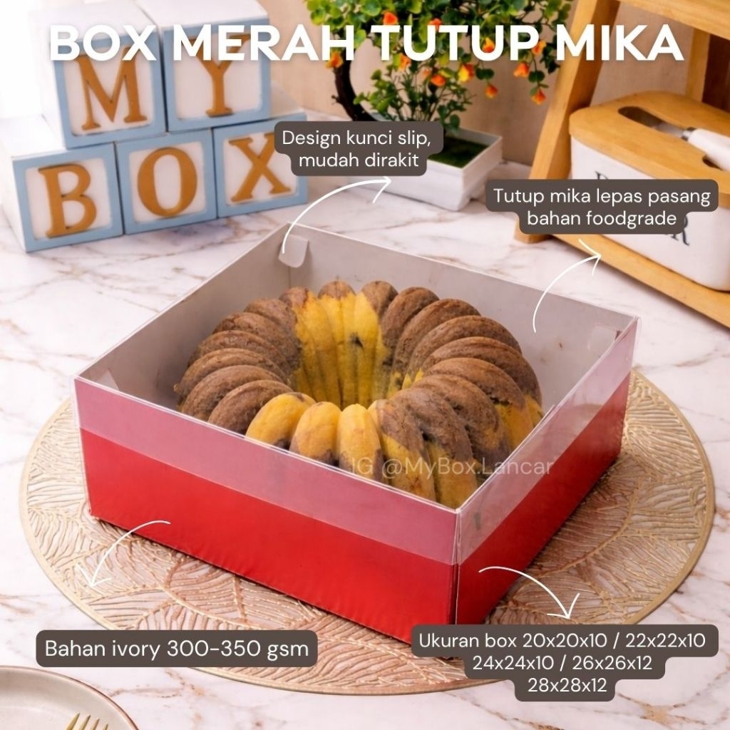 (10 LEMBAR) KOTAK KUE MERAH TUTUP MIKA 24 X 24 X 10 CM, DUS DOS BOX CAKE HAMPERS SANGJIT TINGGI