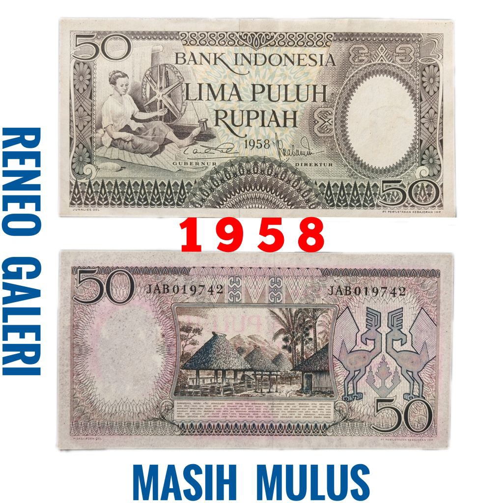 Mulus 50 Rp 1958 Asli seri pekerja tangan tahun rupiah uang kertas Kuno duit jadul lawas lama origin